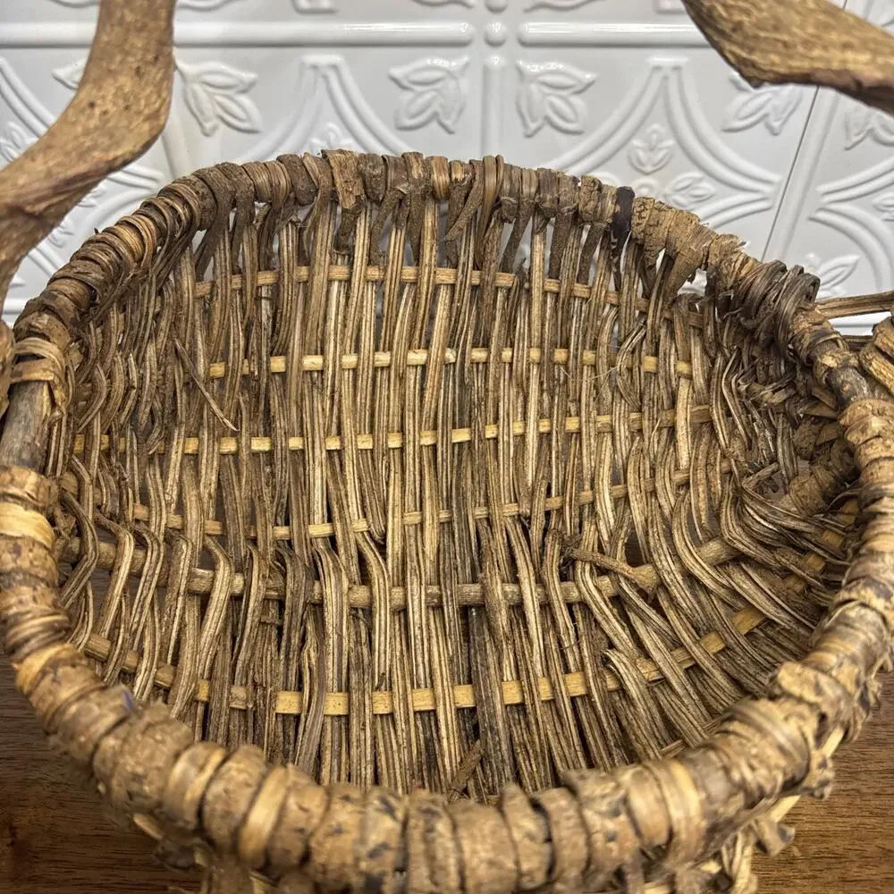 Unique Woven Basket Twisted Vine Branch Handle Wood Brown Gatherer